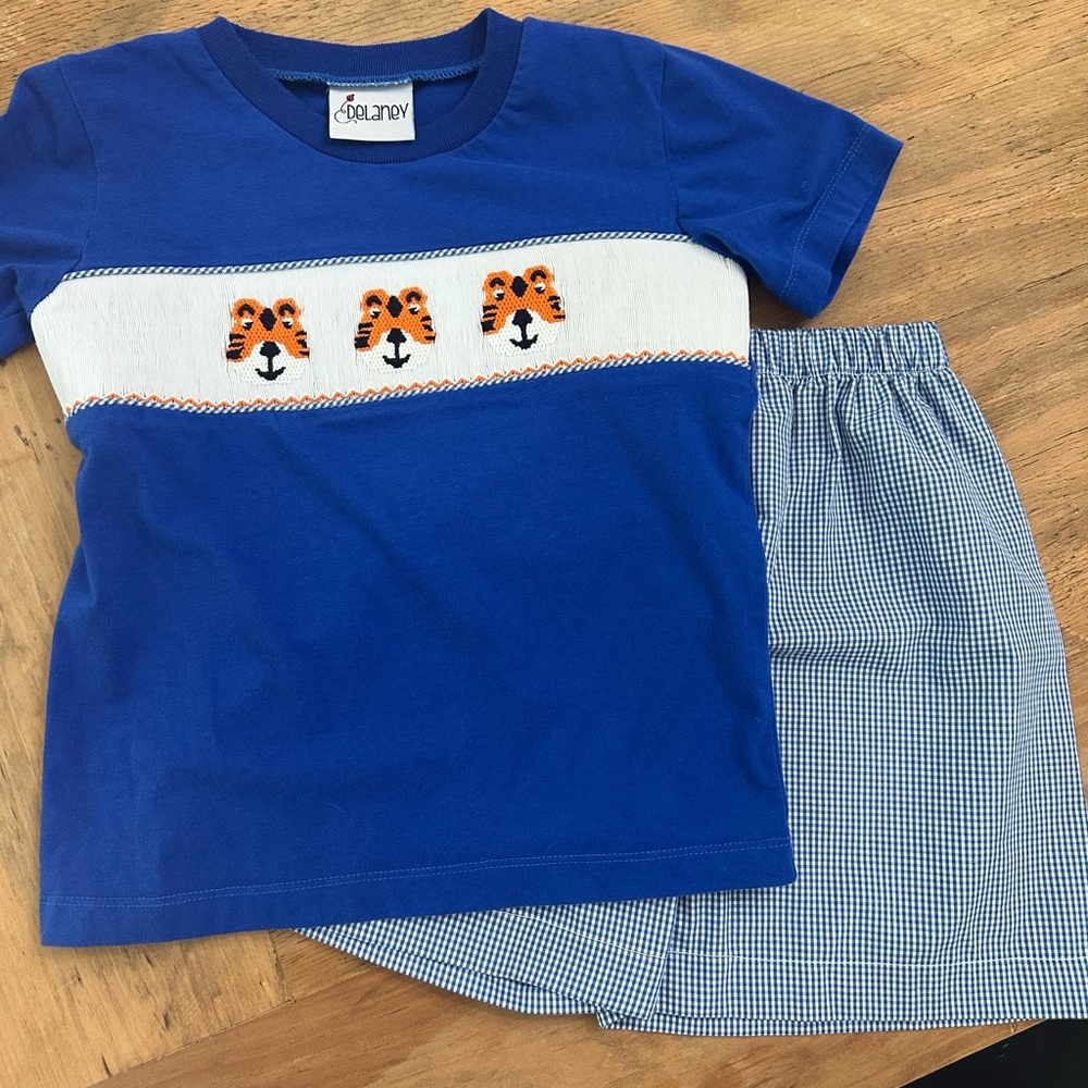 Delaney Tiger Smocked Shirt and Checkered Shorts Set